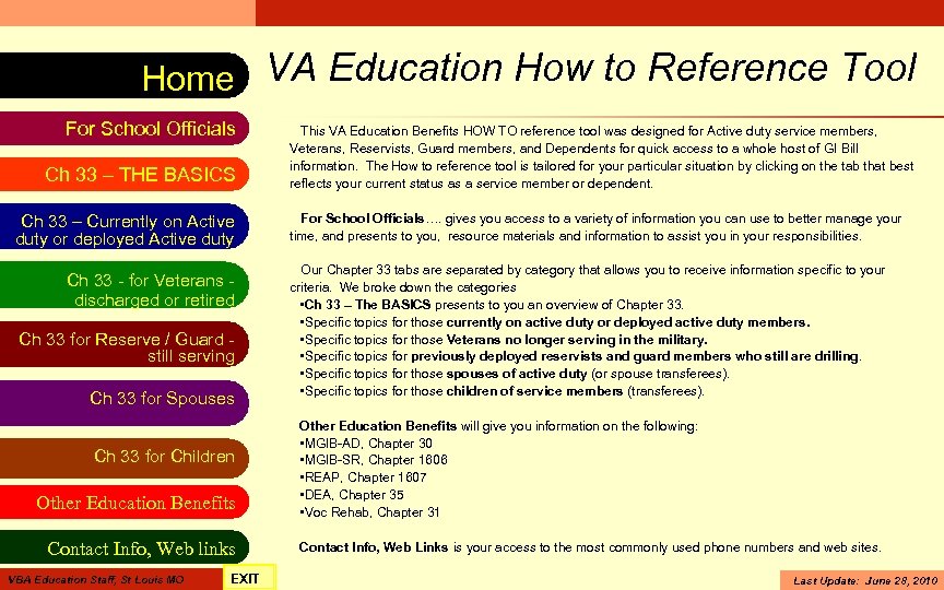 VA Education Benefits Resource Tool Home VA Education How to Reference Tool For School