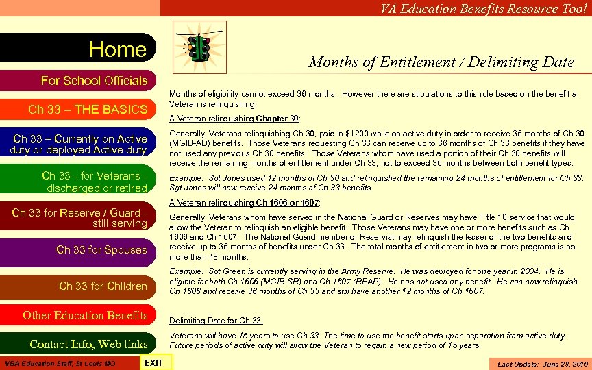 VA Education Benefits Resource Tool Home Months of Entitlement / Delimiting Date For School