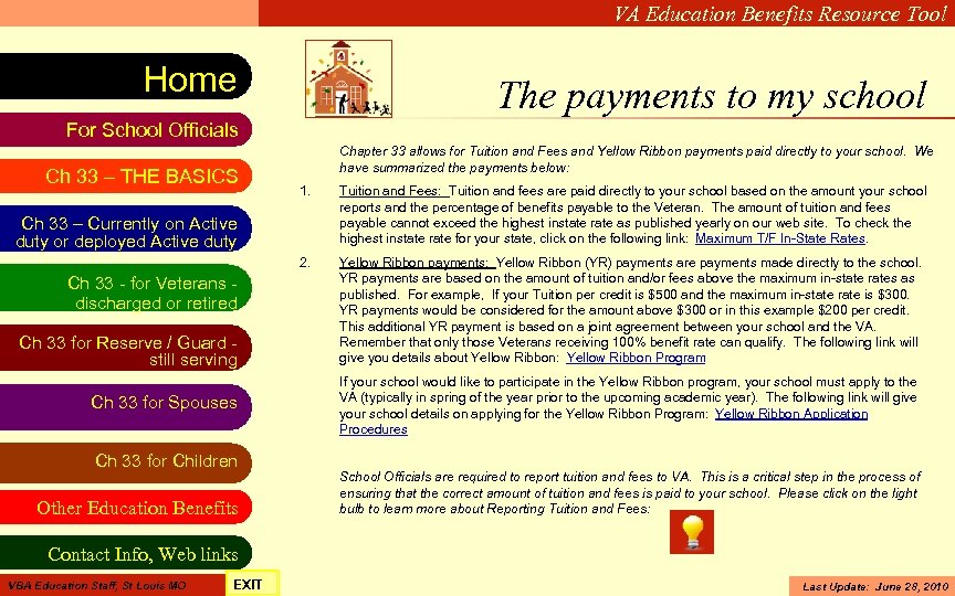 VA Education Benefits Resource Tool Home The payments to my school For School Officials