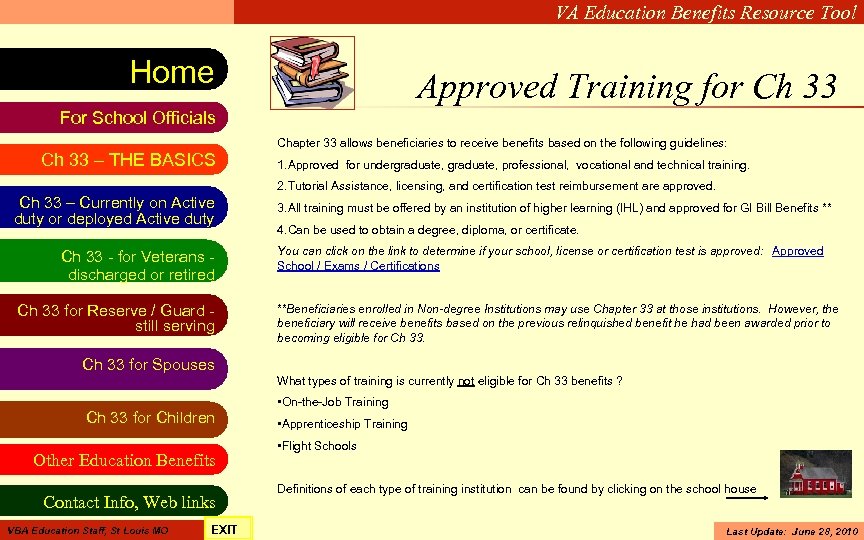 VA Education Benefits Resource Tool Home Approved Training for Ch 33 For School Officials