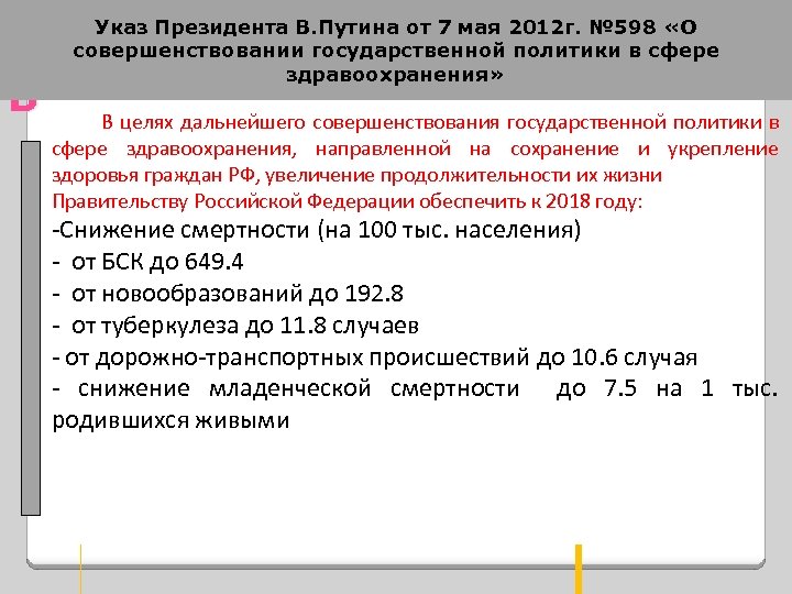 В Указ Президента В. Путина от 7 мая 2012 г. № 598 «О совершенствовании