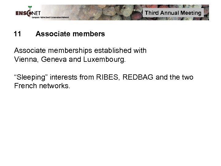 Third Annual Meeting 11 Associate memberships established with Vienna, Geneva and Luxembourg. “Sleeping” interests