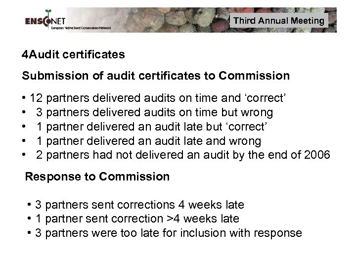 Third Annual Meeting 4 Audit certificates Submission of audit certificates to Commission • 12