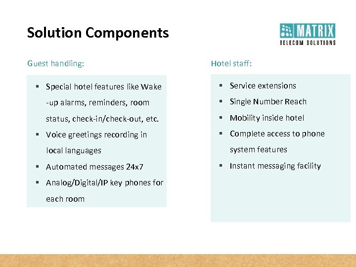 Solution Components Guest handling: § Special hotel features like Wake Hotel staff: § Service