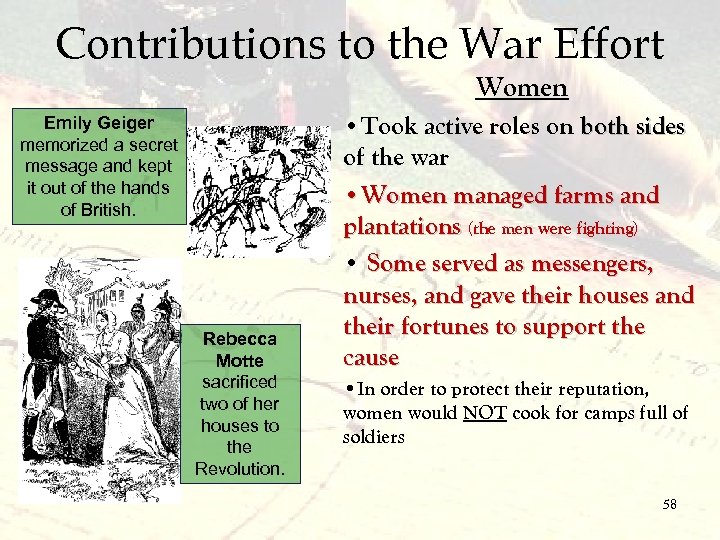 Contributions to the War Effort Women Emily Geiger memorized a secret message and kept