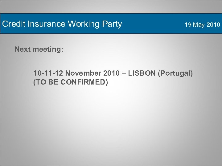 Credit Insurance Working Party 19 May 2010 Next meeting: 10 -11 -12 November 2010