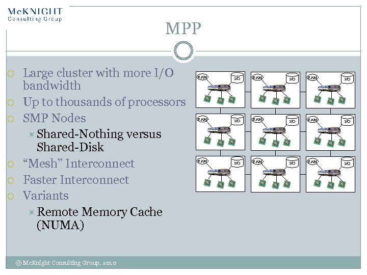 MPP Large cluster with more I/O bandwidth Up to thousands of processors SMP Nodes