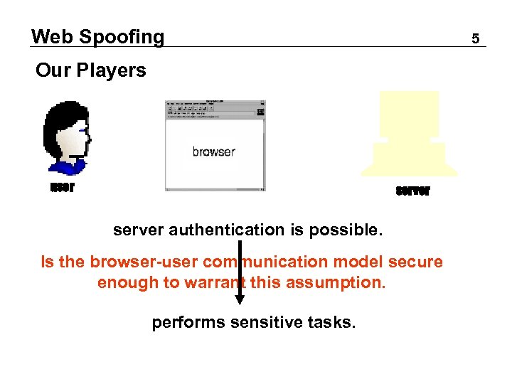 Web Spoofing 5 Our Players user server authentication is possible. Is the browser-user communication