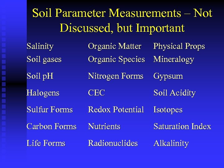 Soil Parameter Measurements – Not Discussed, but Important Salinity Soil gases Organic Matter Physical