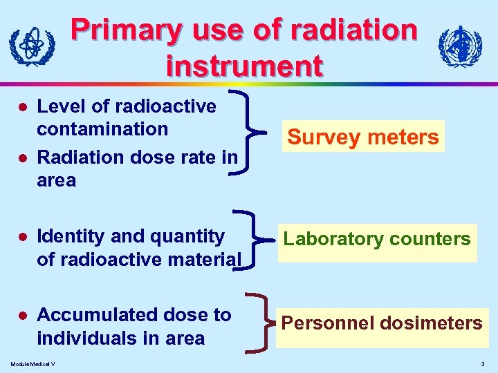 Primary use of radiation instrument Level of radioactive contamination Radiation dose rate in area