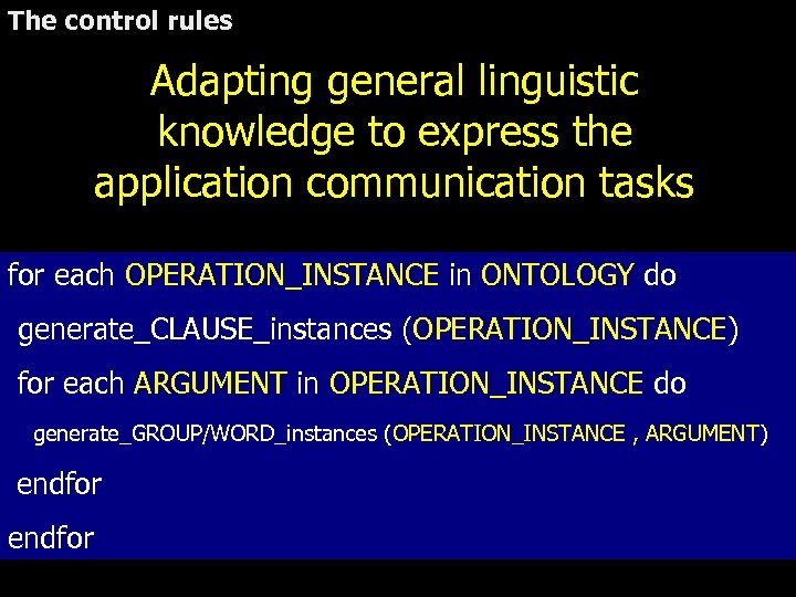 The control rules Adapting general linguistic knowledge to express the application communication tasks for