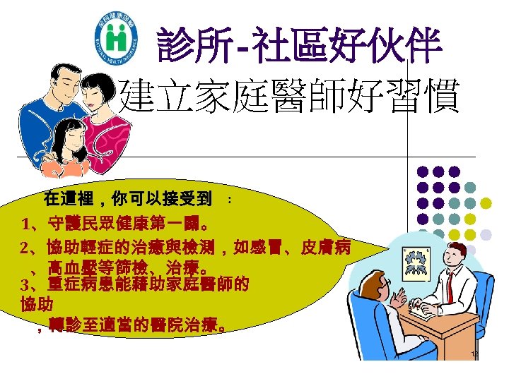診所-社區好伙伴 建立家庭醫師好習慣 在這裡，你可以接受到 ： 1、守護民眾健康第一關。 2、協助輕症的治癒與檢測，如感冒、皮膚病 、高血壓等篩檢、治療。 3、重症病患能藉助家庭醫師的 協助 ，轉診至適當的醫院治療。 12 