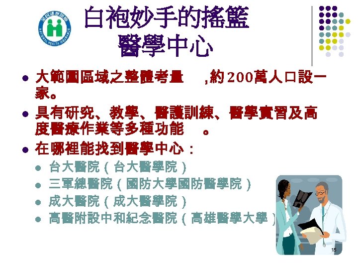 白袍妙手的搖籃 醫學中心 l l l 大範圍區域之整體考量 ， 200萬人口設一 約 家。 具有研究、教學、醫護訓練、醫學實習及高 度醫療作業等多種功能 。 在哪裡能找到醫學中心：