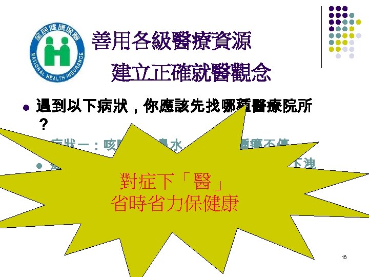 善用各級醫療資源 建立正確就醫觀念 l 遇到以下病狀，你應該先找哪種醫療院所 ？ l l l 症狀一：咳嗽、流鼻水、皮膚紅腫癢不停 症狀二：嚴重骨折、傷口血流不止、上吐下洩 對症下「醫」 症狀三：器官手術、癌症治療、罕見疾病 省時省力保健康 16