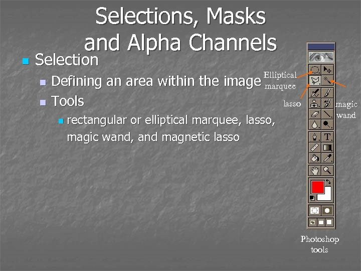 n Selections, Masks and Alpha Channels Selection Defining an area within the n Tools
