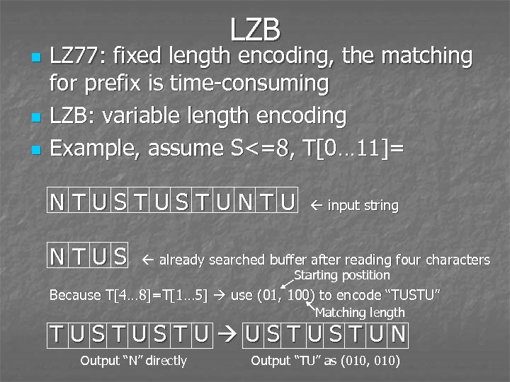 LZB n n n LZ 77: fixed length encoding, the matching for prefix is