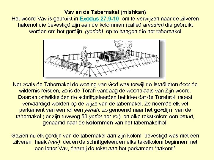 Vav en de Tabernakel (mishkan) Het woord Vav is gebruikt in Exodus 27: 9