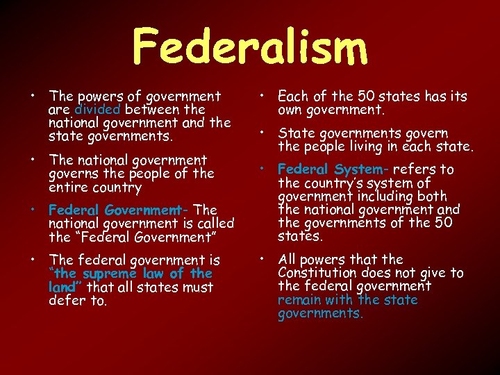 Federalism • The powers of government are divided between the national government and the