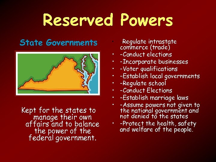 Reserved Powers State Governments Kept for the states to manage their own affairs and