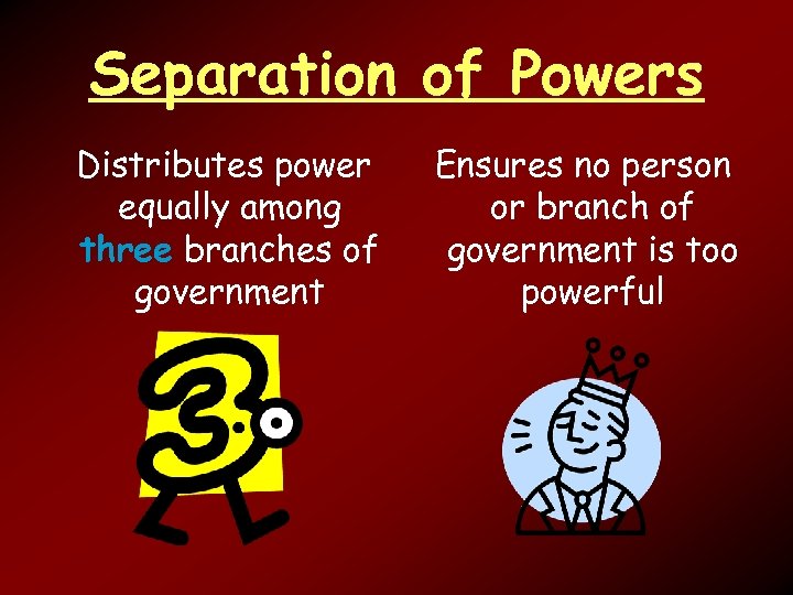 Separation of Powers Distributes power equally among three branches of government Ensures no person