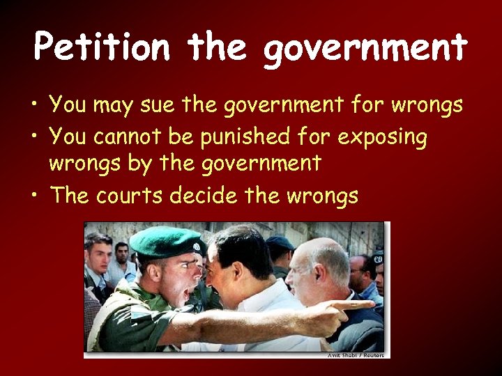 Petition the government • You may sue the government for wrongs • You cannot