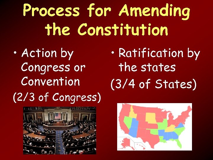 Process for Amending the Constitution • Action by Congress or Convention (2/3 of Congress)