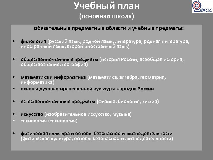 Учебный план (основная школа) обязательные предметные области и учебные предметы: • филология (русский язык,
