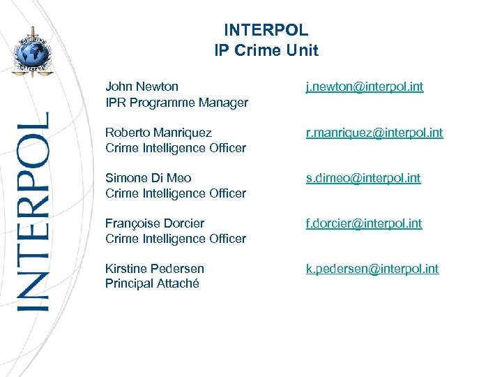 INTERPOL IP Crime Unit John Newton IPR Programme Manager j. newton@interpol. int Roberto Manriquez