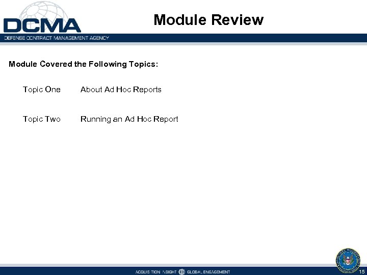 Module Review Module Covered the Following Topics: Topic One About Ad Hoc Reports Topic