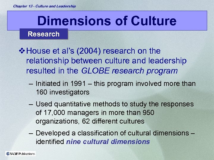 Chapter 13 - Culture and Leadership Dimensions of Culture Research v House et al’s