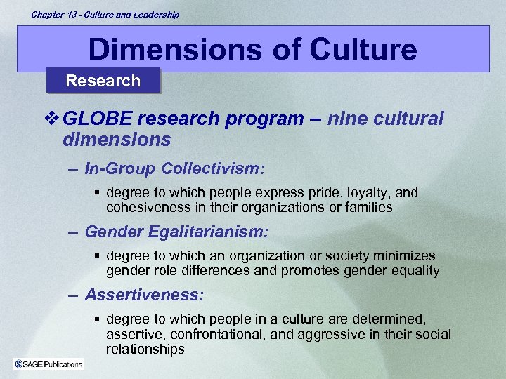 Chapter 13 - Culture and Leadership Dimensions of Culture Research v GLOBE research program