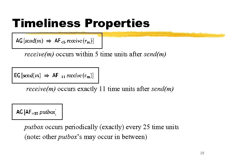 Timeliness Properties receive(m) occurs within 5 time units after send(m) receive(m) occurs exactly 11