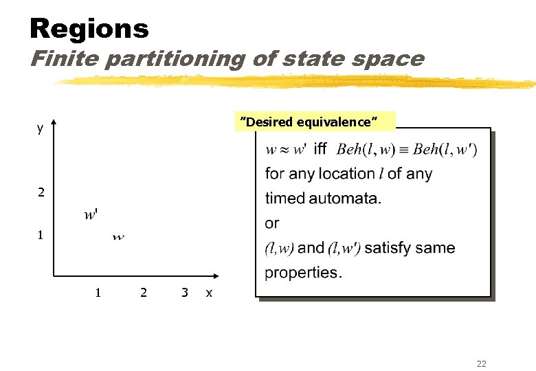 Regions Finite partitioning of state space ”Desired equivalence” y 2 1 1 2 3