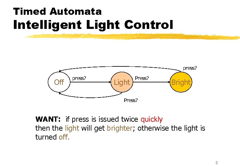 Timed Automata Intelligent Light Control press? Off press? Light Press? Bright Press? WANT: if