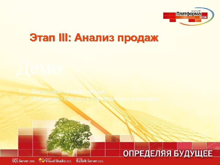 Этап III: Анализ продаж Демо 1. 2. Построение графика продаж Добавление клиента в маркетинговую