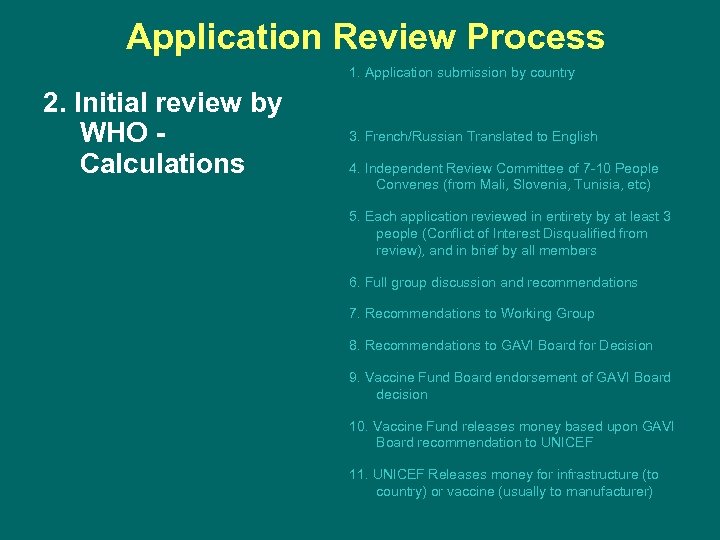 Application Review Process 1. Application submission by country 2. Initial review by WHO Calculations