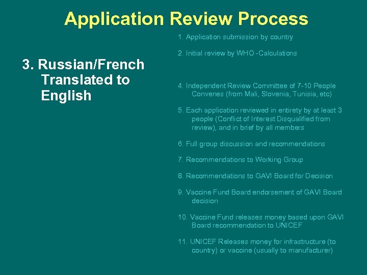 Application Review Process 1. Application submission by country 3. Russian/French Translated to English 2.
