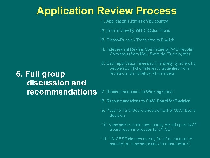 Application Review Process 1. Application submission by country 2. Initial review by WHO -Calculations