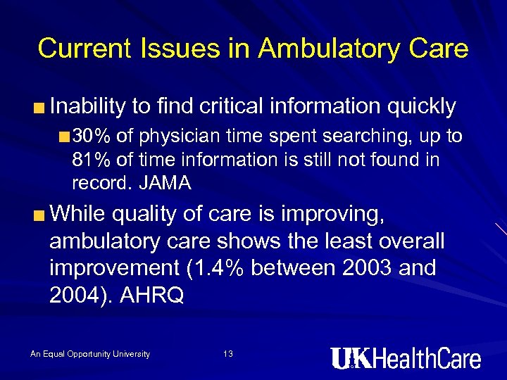 Current Issues in Ambulatory Care Inability to find critical information quickly 30% of physician