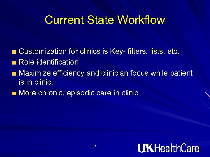 Current State Workflow Customization for clinics is Key- filters, lists, etc. Role identification Maximize