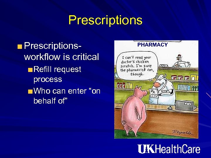 Prescriptions- workflow is critical Refill request process Who can enter “on behalf of” PHARMACY