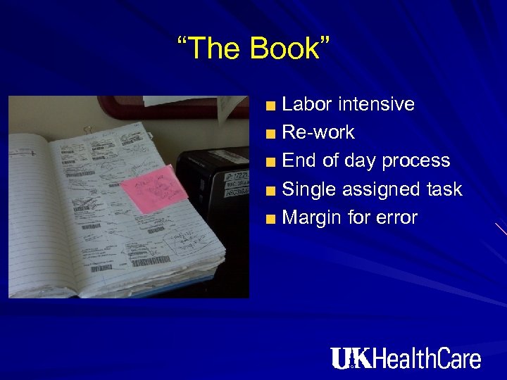 “The Book” Labor intensive Re-work End of day process Single assigned task Margin for
