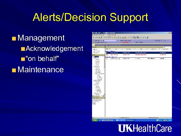 Alerts/Decision Support Management Acknowledgement “on behalf” Maintenance 