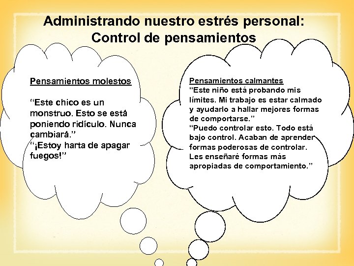 Administrando nuestro estrés personal: Control de pensamientos Pensamientos molestos “Este chico es un monstruo.
