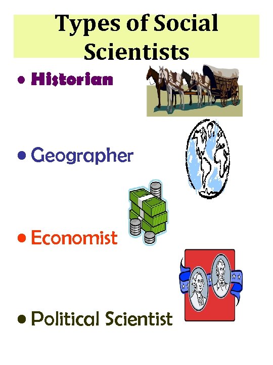 Types of Social Scientists • Historian • Geographer • Economist • Political Scientist 