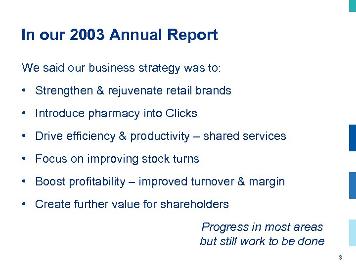 In our 2003 Annual Report We said our business strategy was to: • Strengthen