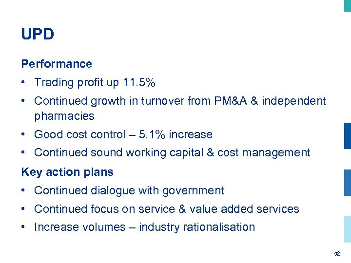 UPD Performance • Trading profit up 11. 5% • Continued growth in turnover from