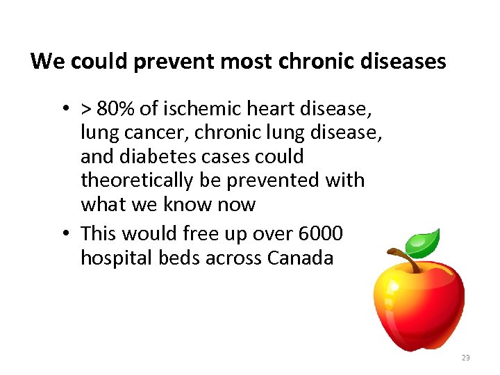 We could prevent most chronic diseases • > 80% of ischemic heart disease, lung