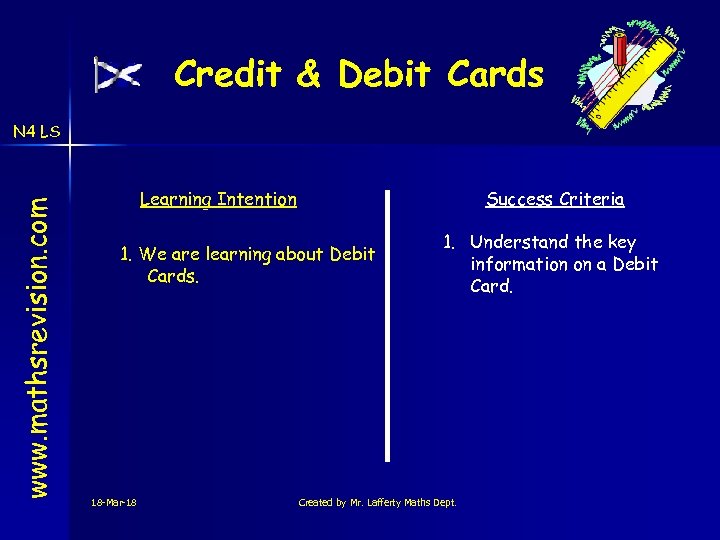 Credit & Debit Cards www. mathsrevision. com N 4 LS Learning Intention Success Criteria