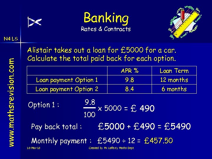 Banking Rates & Contracts www. mathsrevision. com N 4 LS Alistair takes out a